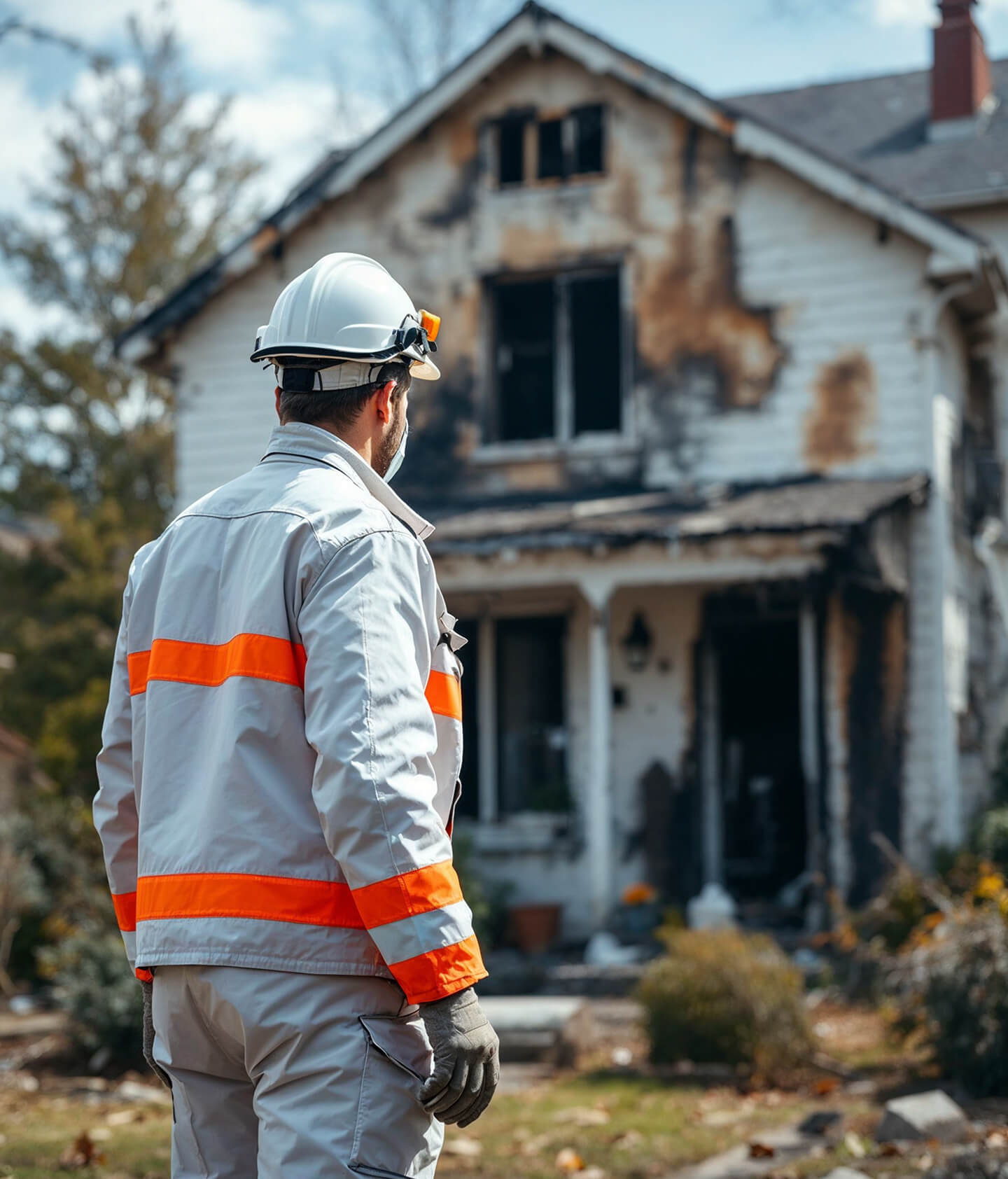 Damage restoration expert assessing a burned house in Las Vegas