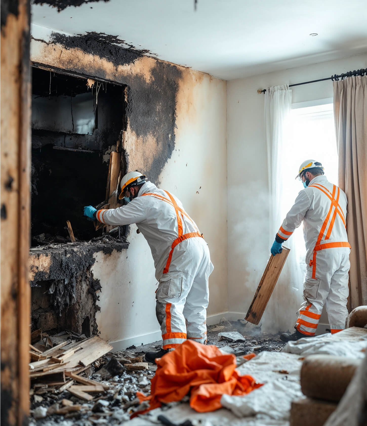 Technicians removing fire-damaged debris during a residential damage restoration project in Las Vegas