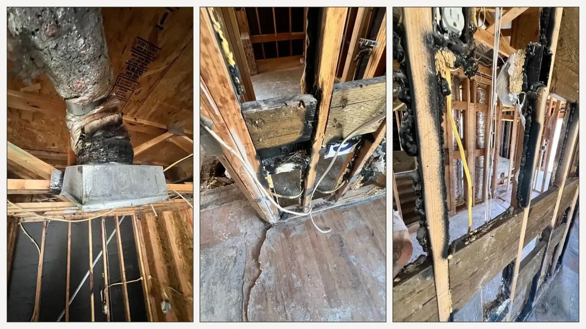 Fire and smoke damaged framing and wiring in a Las Vegas home being restored by M&M Restoration